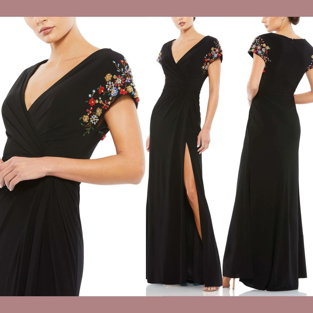 New Ieena Mac Duggal [ 6 ] 55709 Embellished Sleeve Jersey Wrap Gown Black Flor